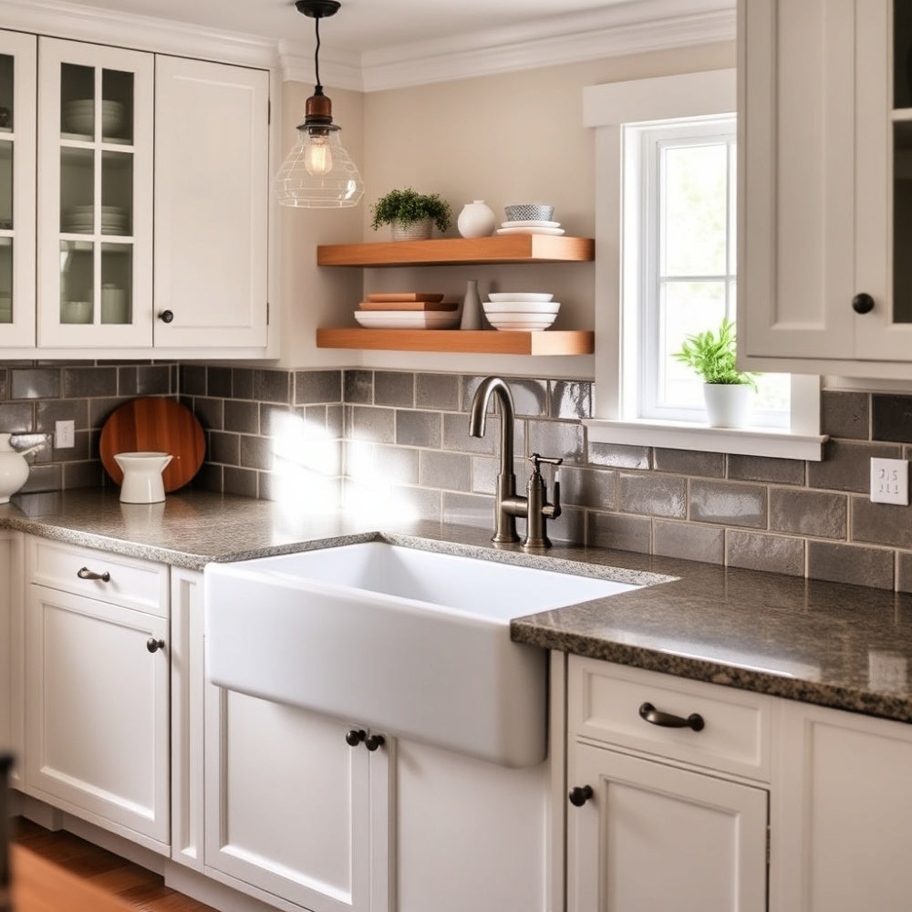 Lifestyle image of Alfi White 30" Fireclay Farmhouse Sink showing smooth apron installation