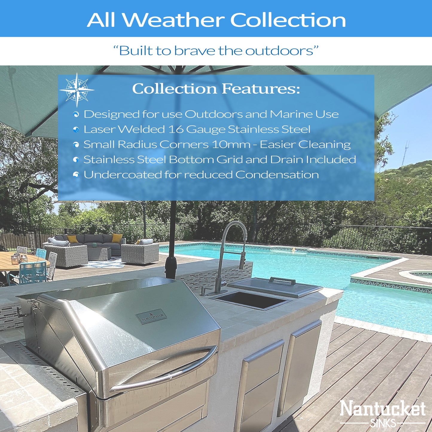 Nantucket All Weather Collection 316 marine-grade stainless outdoor sinks