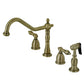 Vintage-style Kingston Brass "Antique Brass" widespread kitchen faucet set on a white background