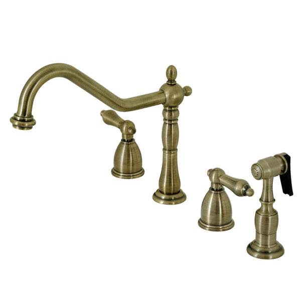 Vintage-style Kingston Brass "Antique Brass" widespread kitchen faucet set on a white background