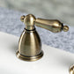Kingston Brass "Antique Brass" widespread kitchen faucet handle on a blurred background