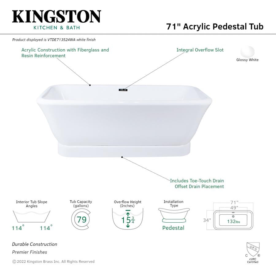 Aqua Eden 71-Inch Acrylic Oval Rectangular Double Ended Pedestal Tub with Drain (No Faucet Drillings), Glossy White - Front view with annotations.