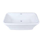 Top down view of Aqua Eden freestanding pedestal bathtub showing center drain placement and overflow.