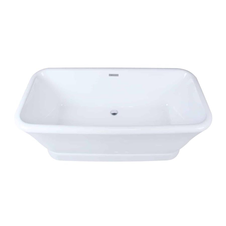 Top down view of Aqua Eden freestanding pedestal bathtub showing center drain placement and overflow.
