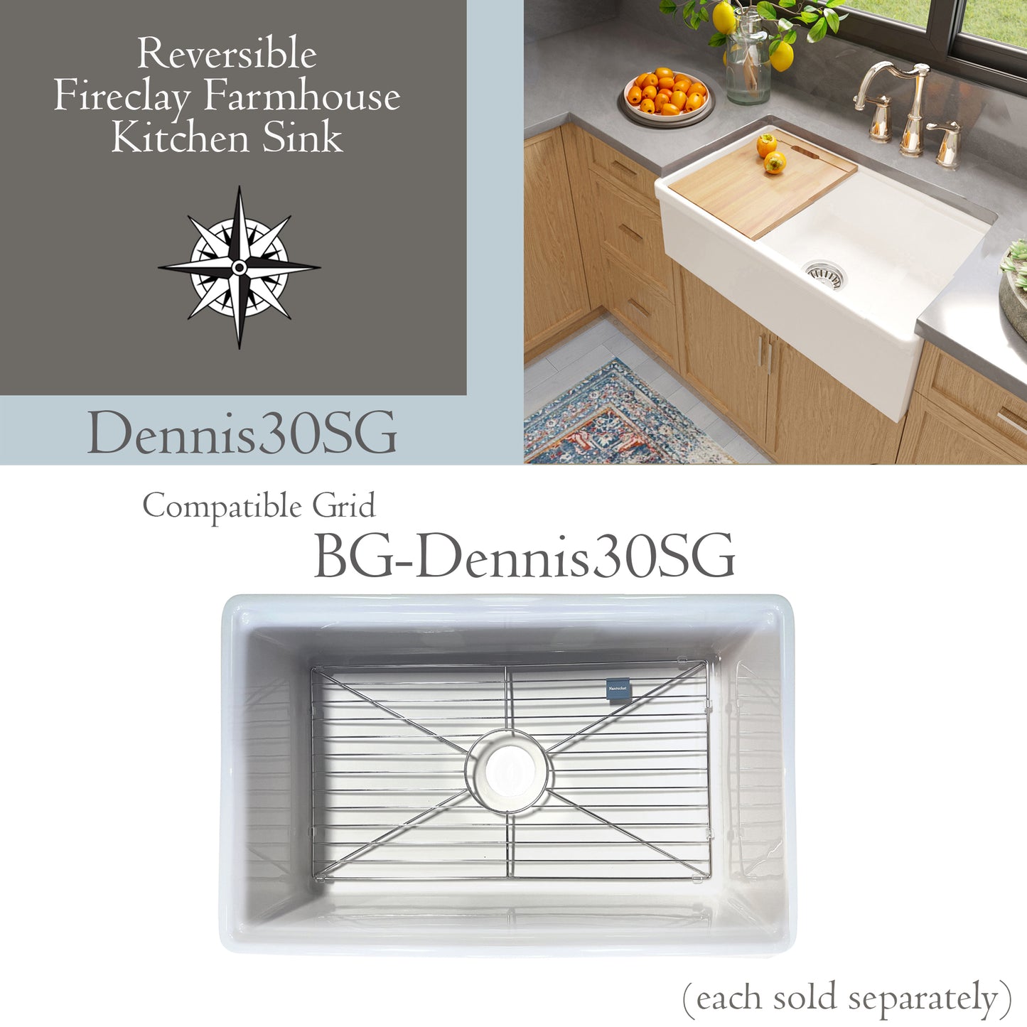 Nantucket 30" Single Bowl Workstation Fireclay Sink with Cuttingboard - Dennis30SG