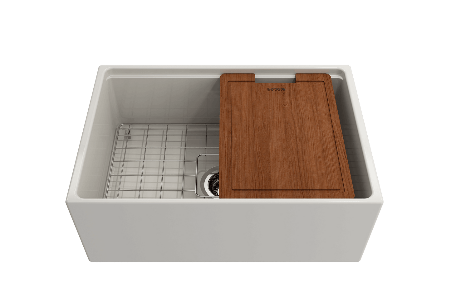 BOCCHI CONTEMPO 27" Fireclay Farmhouse Workstation Kitchen Sink with Accessories showing integrated wooden cutting board lid.