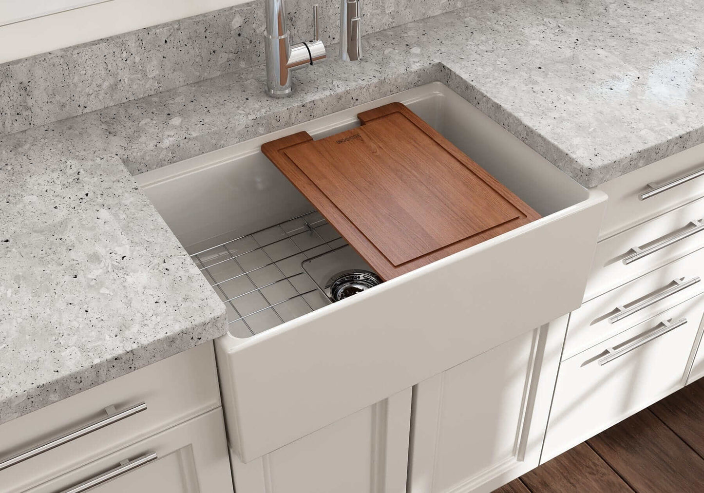 BOCCHI CONTEMPO 27" Fireclay Farmhouse Workstation Kitchen Sink with Accessories in modern kitchen setting