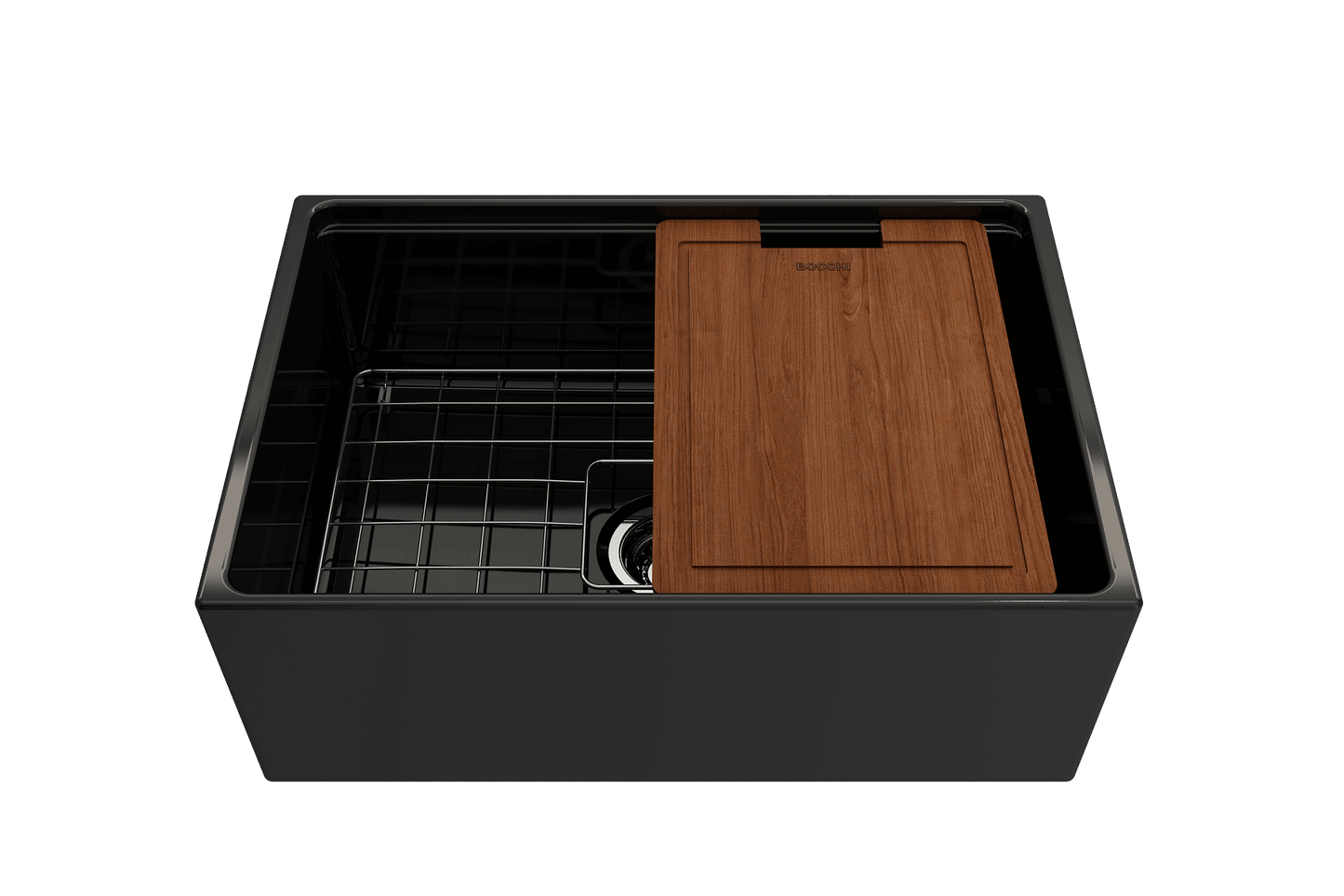 BOCCHI CONTEMPO 27" Fireclay Farmhouse Workstation Kitchen Sink with Accessories and wooden cutting board.