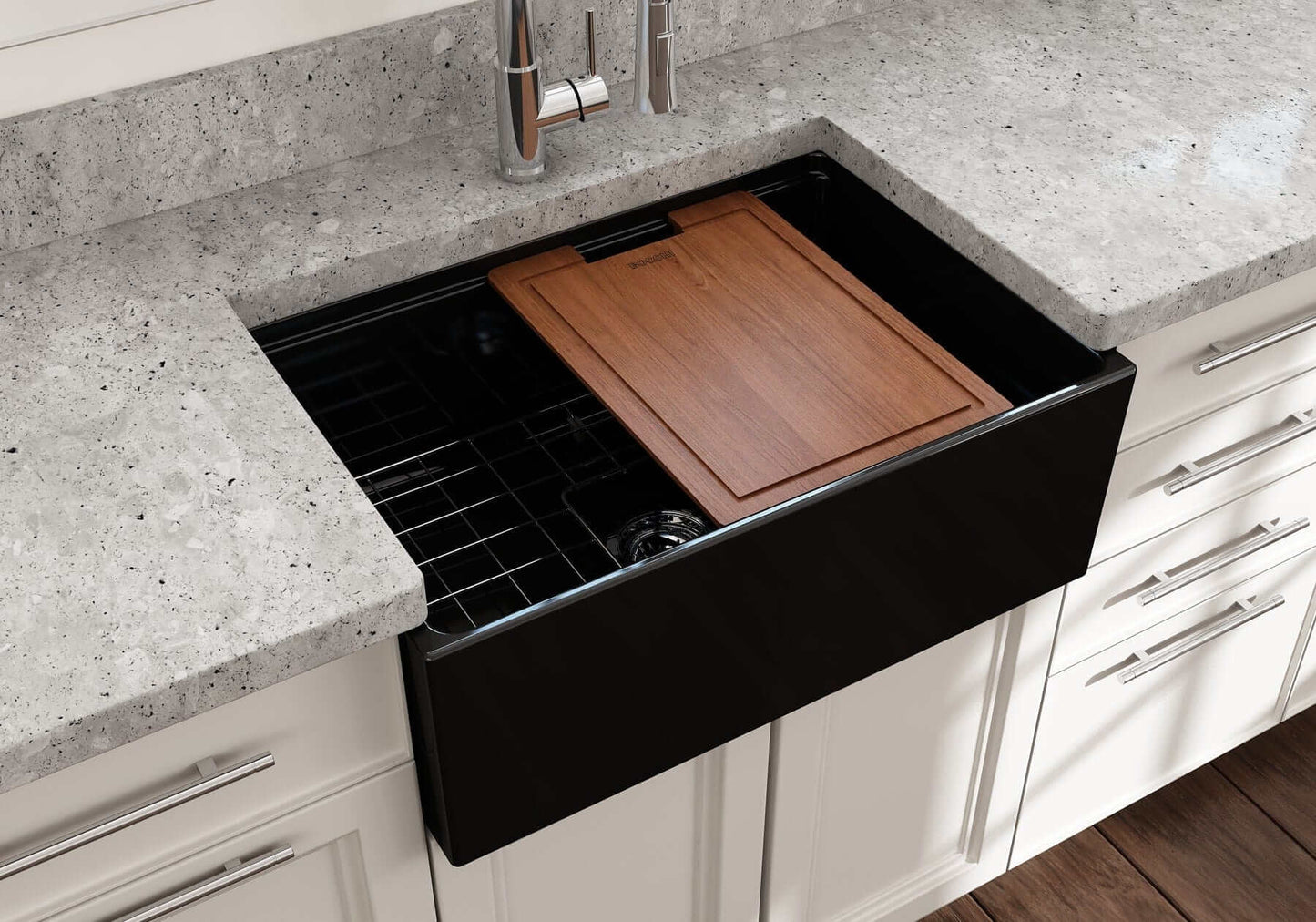 BOCCHI CONTEMPO 27" Fireclay Farmhouse Workstation Kitchen Sink with Accessories showcasing integrated workstation and wooden cutting board.