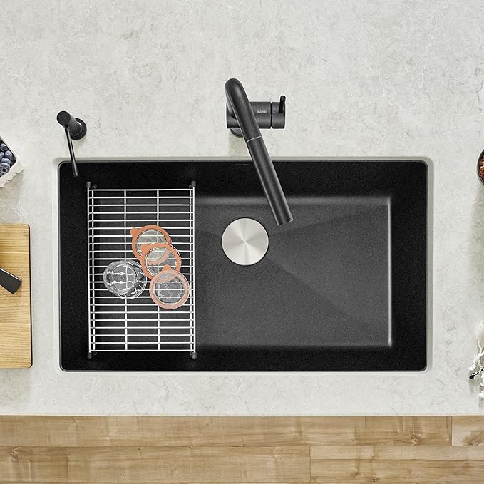 Blanco Silgranit Super Single 32"  kitchen sink in Anthracite with matching faucet on a light gray countertop