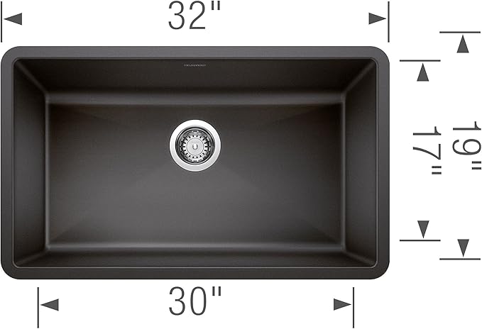 Blanco Silgranit Super Single 32"  kitchen sink in Anthracite with dimensions labeled on a white background