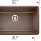 Blanco Silgranit Super Single 32"  kitchen sink in café with dimensions labeled on a white background