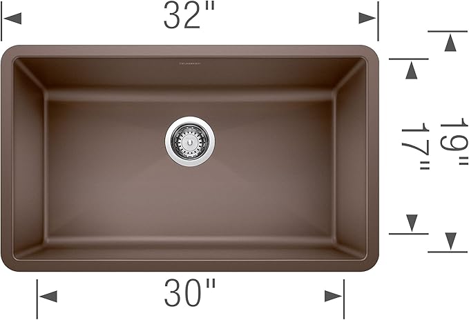 Blanco Silgranit Super Single 32"  kitchen sink in café with dimensions labeled on a white background