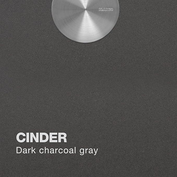 Blanco Silgranit Super Single 32"  kitchen sink in Cinder color swatch with decorative drain cover and 'Cinder' text.