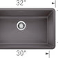 Blanco Silgranit Super Single 32"  kitchen sink in Cinder with dimensions labeled on a white background