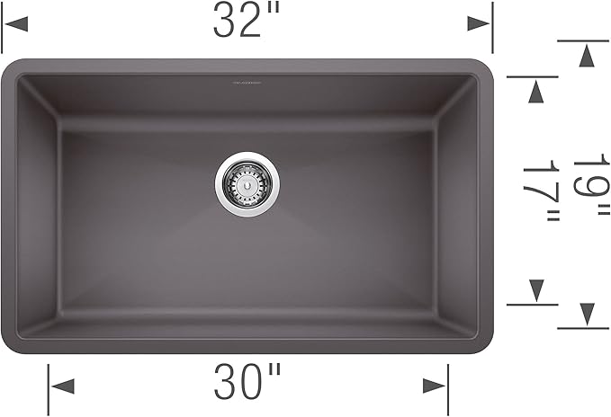 Blanco Silgranit Super Single 32"  kitchen sink in Cinder with dimensions labeled on a white background