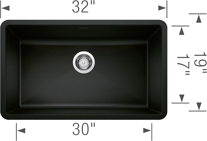 Blanco Silgranit Super Single 32"  kitchen sink in Coal Black with dimensions labeled on a white background