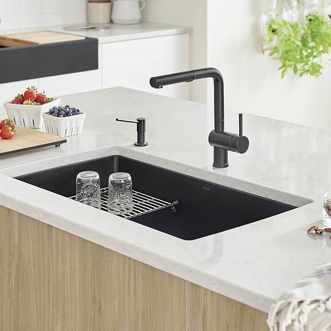 Modern kitchen with Blanco Silgranit Super Single 32"  kitchen sink in Coal Black and matching faucet