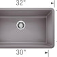 Blanco Silgranit Super Single 32"  kitchen sink in Metallic Gray with dimensions labeled on a white background