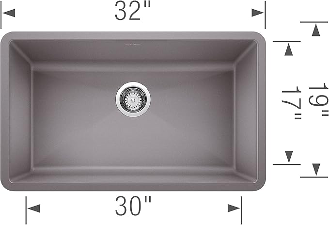 Blanco Silgranit Super Single 32"  kitchen sink in Metallic Gray with dimensions labeled on a white background