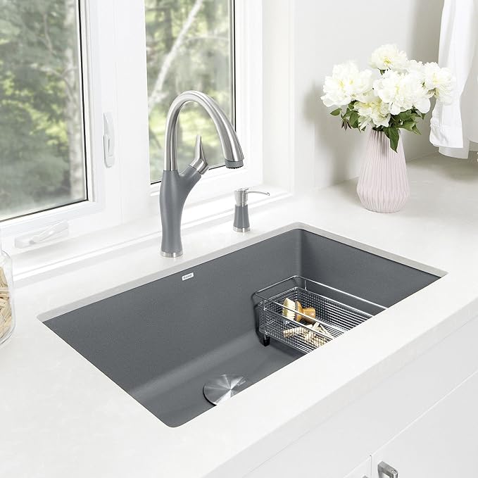 Blanco Silgranit Super Single 32"  kitchen sink in Metallic Gray with matching faucet in a bright kitchen setting