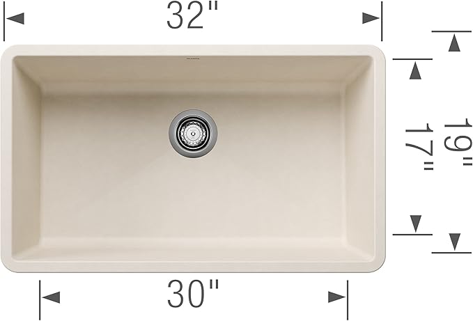 Blanco Silgranit Super Single 32"  kitchen sink in Soft White with dimensions labeled on a white background