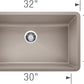 Blanco Silgranit Super Single 32"  kitchen sink in Truffle with dimensions labeled on a white background