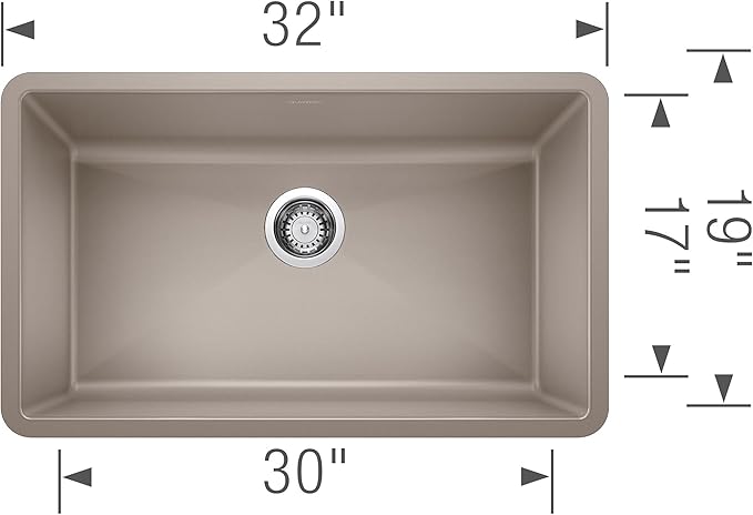 Blanco Silgranit Super Single 32"  kitchen sink in Truffle with dimensions labeled on a white background