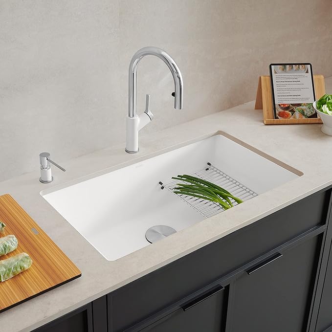 White Blanco Precis 32" Silgranit with faucet and  drain board on countertop