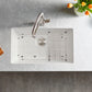 White White Blanco Precis 32" Silgranit kitchen sink with grid on a gray countertop, surrounded by decorative elements.