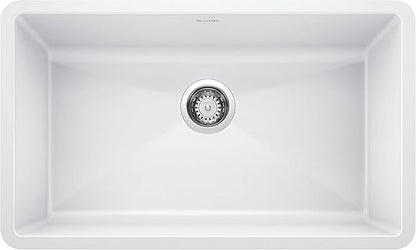 White undermount Blanco Precis 32" Silgranit  kitchen sink on a white background