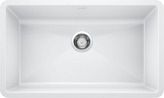 White undermount Blanco Precis 32" Silgranit  kitchen sink on a white background