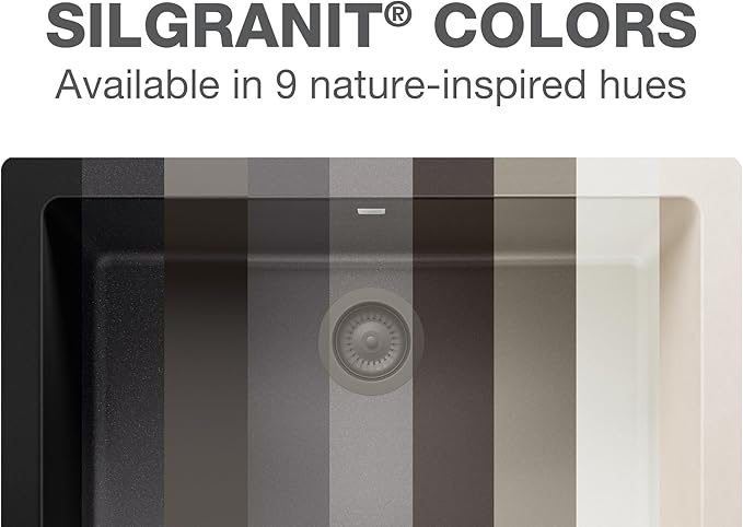 Silgranit kitchen sink with color swatches overlayed and text about nature-inspired hues