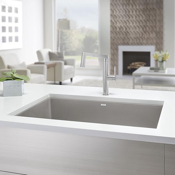 Blanco Silgranit Super Single 32"  kitchen sink in Truffle with faucet in a bright room with furniture and decor.
