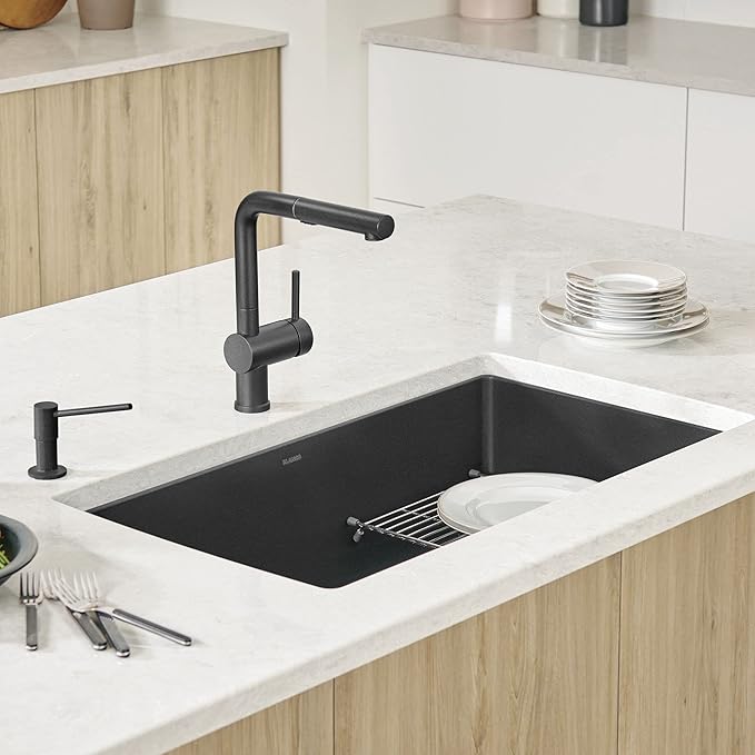 Blanco Silgranit Super Single 32"  kitchen sink in Anthracite with matching faucet in a modern kitchen setting