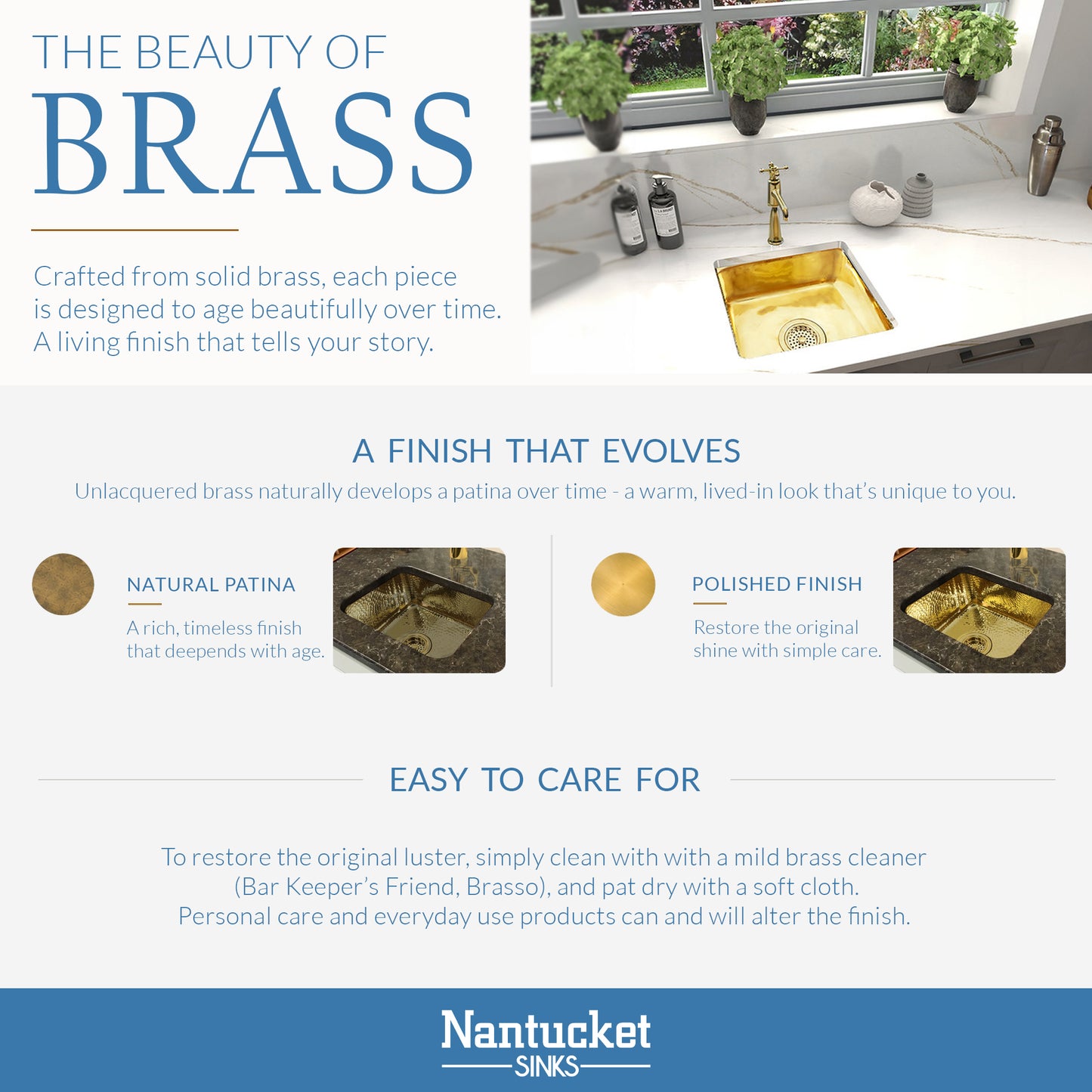Unlacquered brass sink patina development over time