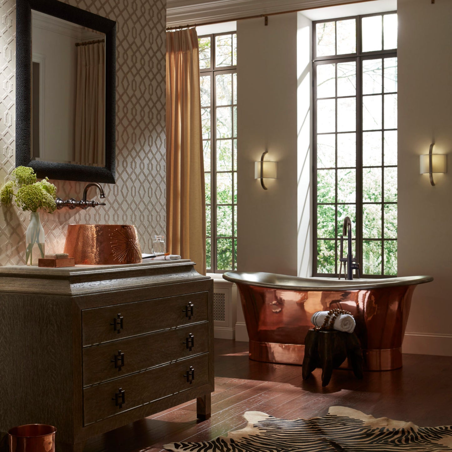 Lifestyle image of a large master bathroom with a free-standing Thompson Traders Coba Bathtub (formerly Britannia)