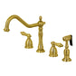 Kingston Brass "Brusehd Brass" widespread kitchen faucet  set on a white background