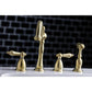 Kingston Brass "Brushed Brass" widespread kitchen faucet set on a white surface with a black tiled wall background