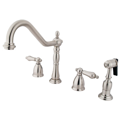 Kingston Brass "Brushed Nickel" widespread kitchen faucet set with multiple handles on a white background