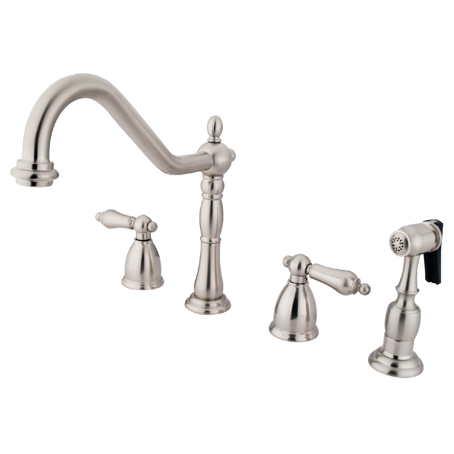 Kingston Brass "Brushed Nickel" widespread kitchen faucet set with multiple handles on a white background