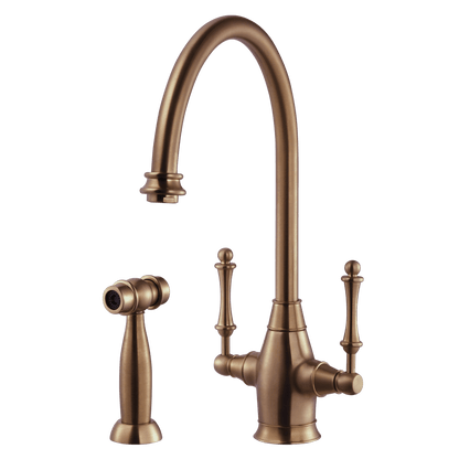 HOUZER CHARLESTON Antique Copper Dual Handle Kitchen Faucet with Sidespray