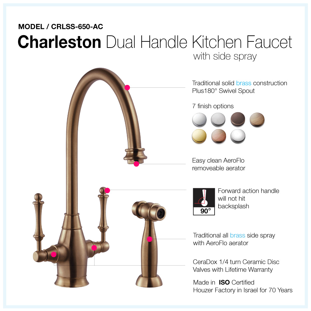 HOUZER CHARLESTON Antique Copper Dual Handle Kitchen Faucet with Sidespray