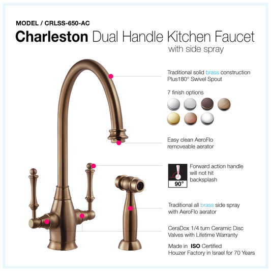 HOUZER CHARLESTON Antique Copper Dual Handle Kitchen Faucet with Sidespray - CRLSS-650-AC