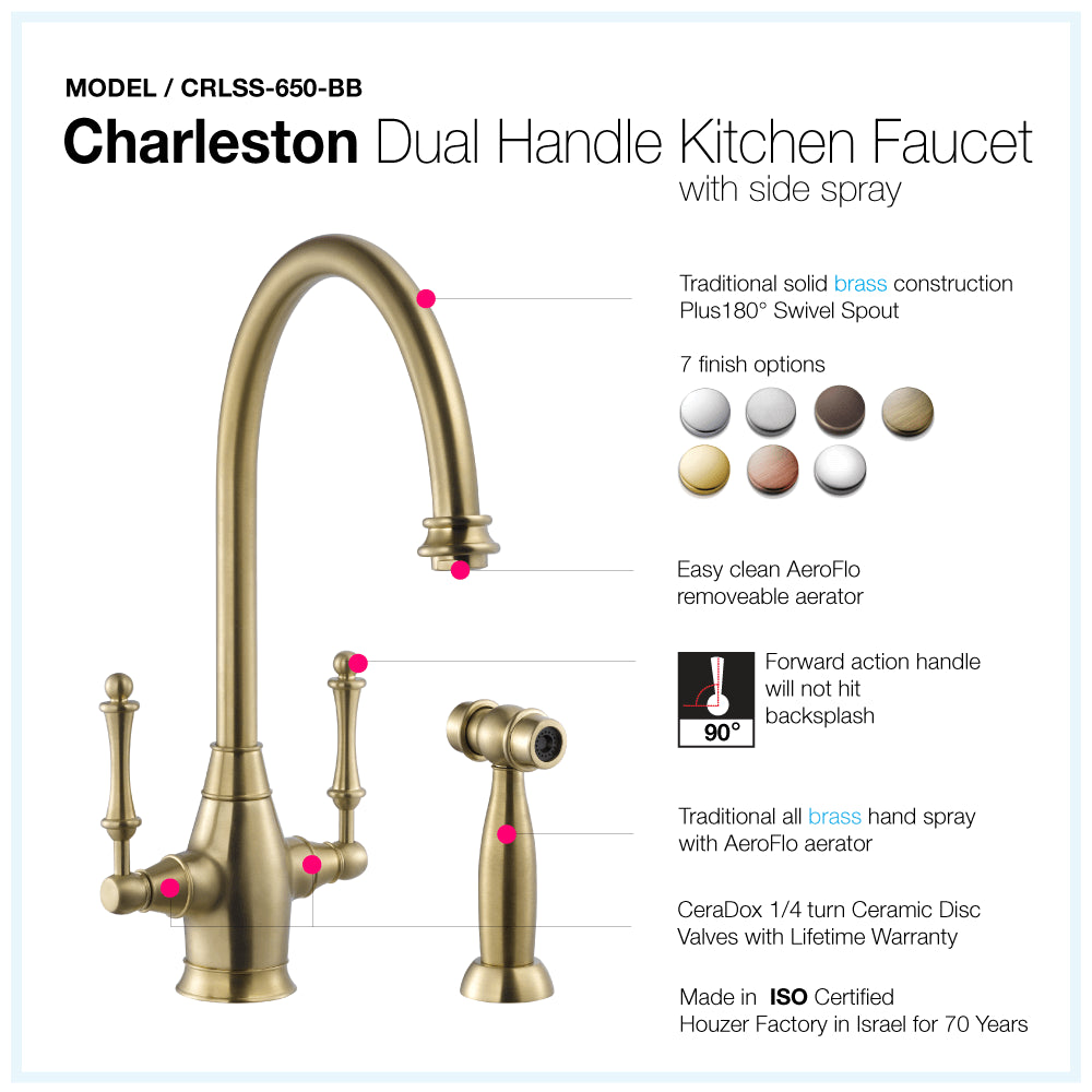 HOUZER CHARLESTON Antique Copper Dual Handle Kitchen Faucet with Sidespray