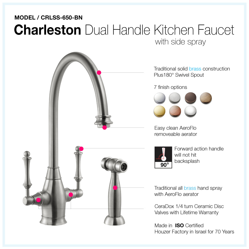 HOUZER CHARLESTON Antique Copper Dual Handle Kitchen Faucet with Sidespray