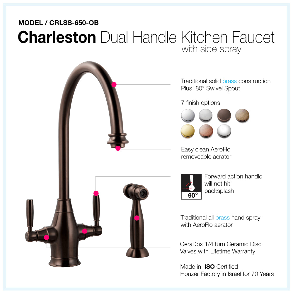 HOUZER CHARLESTON Antique Copper Dual Handle Kitchen Faucet with Sidespray