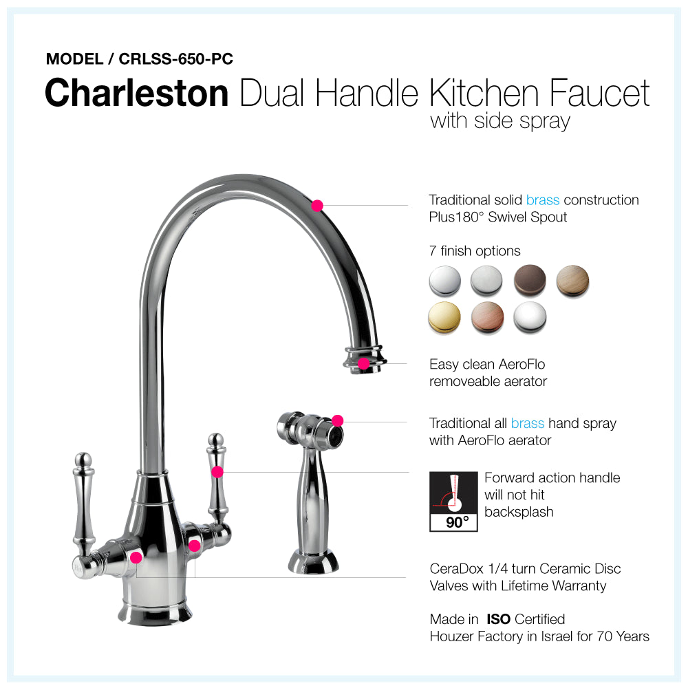 HOUZER CHARLESTON Antique Copper Dual Handle Kitchen Faucet with Sidespray