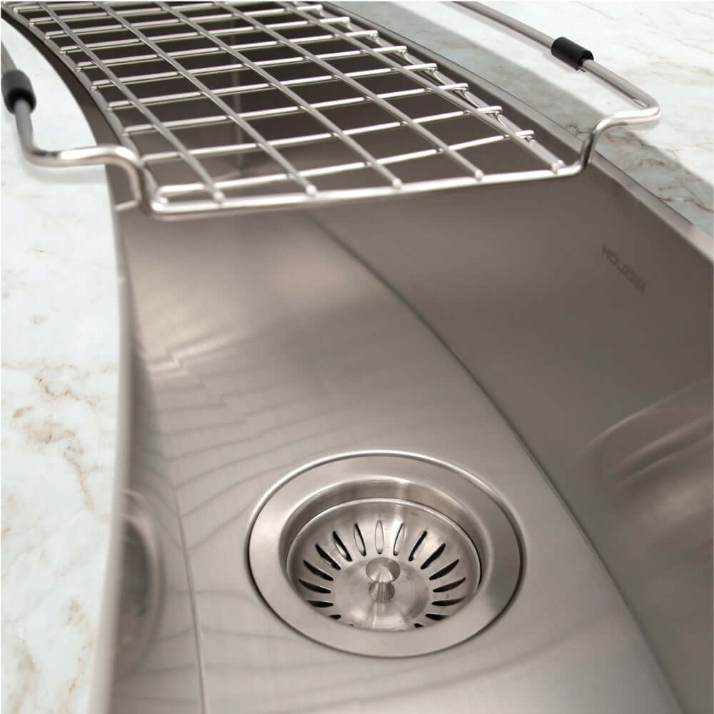 HOUZER CONTEMPO TROUGH 33" Stainless Steel Undermount Single Curved Bowl Bar Sink with Strainer & Grid - CTC-3312 top view of sink with grid and drain