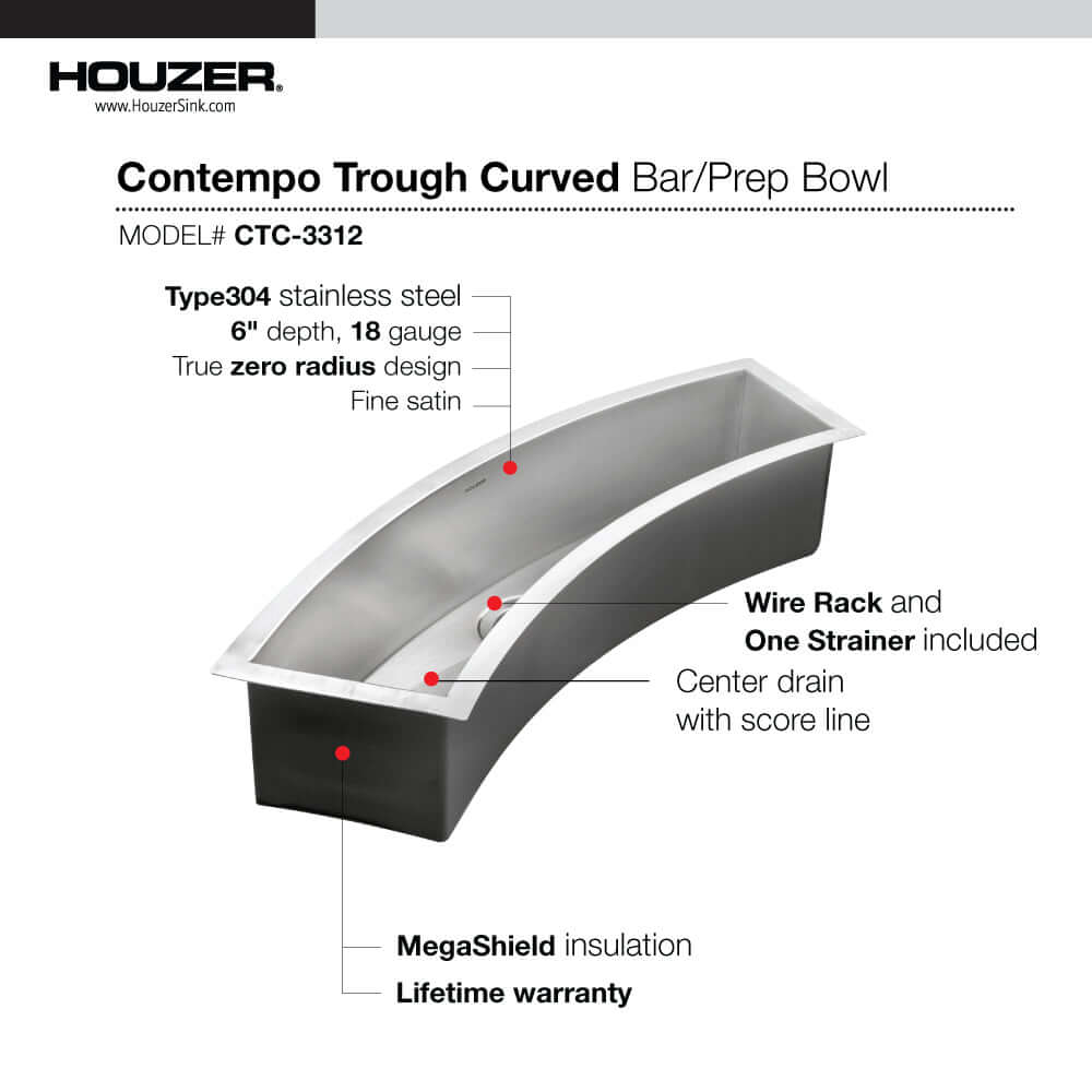 HOUZER CONTEMPO TROUGH 33" Stainless Steel Undermount Single Curved Bowl Bar Sink with Strainer & Grid - CTC-3312 detailed specs diagram